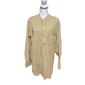 18 East Mens Striped Popover Band Collar Shirt Yellow Blue Cotton Large L